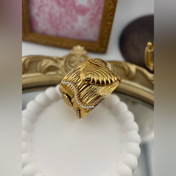 Anthropologie Gold Textured Cuff Bracelet with Pearl Detail - Picture 9 of 16